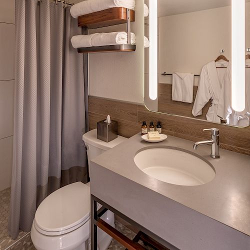 This image shows a modern bathroom with a toilet, sink, mirror, towels on shelves, and a shower with a curtain.