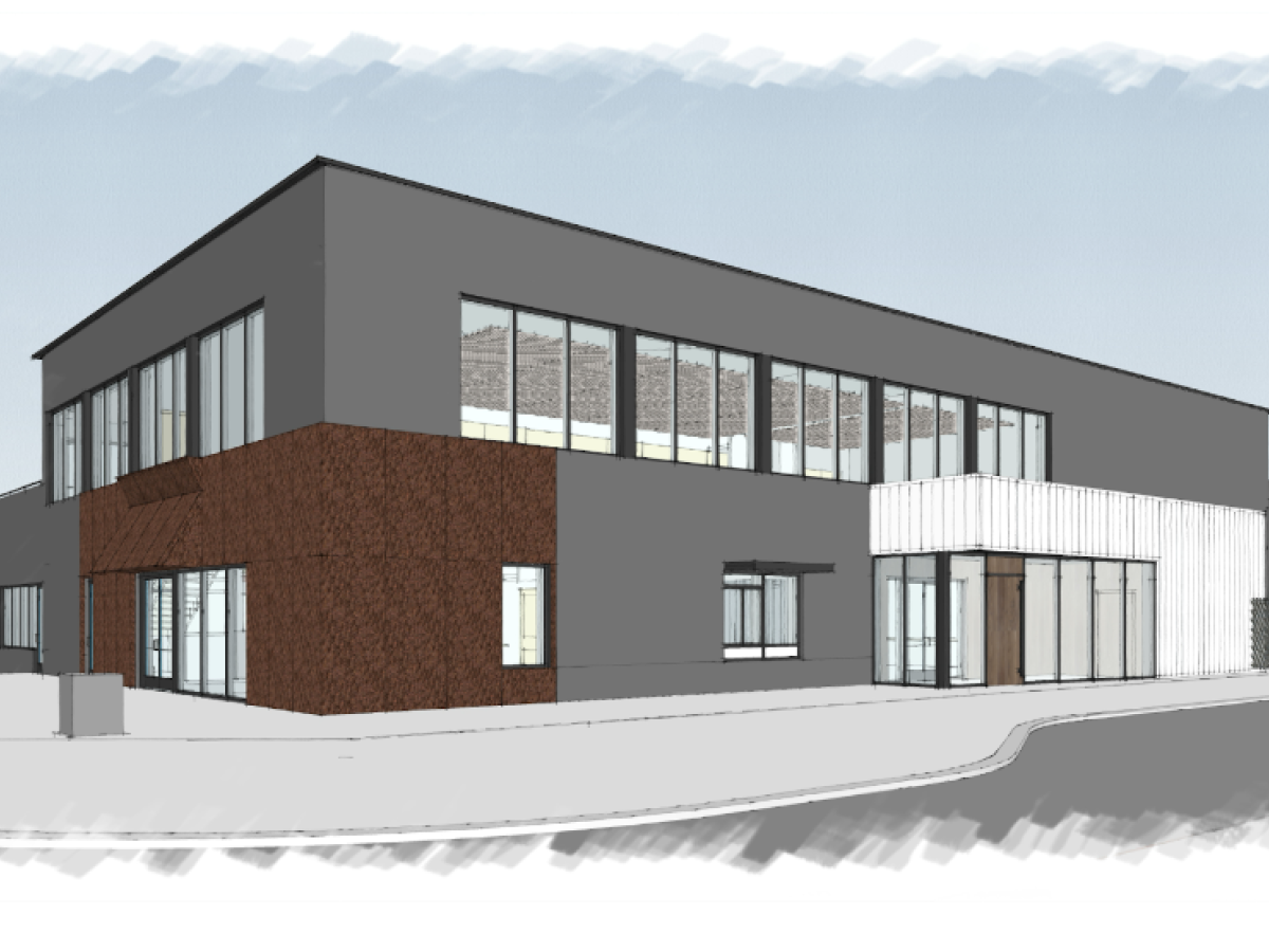 The image shows an architectural rendering of a modern two-story building with large windows and a mix of gray, brown, and white exterior.