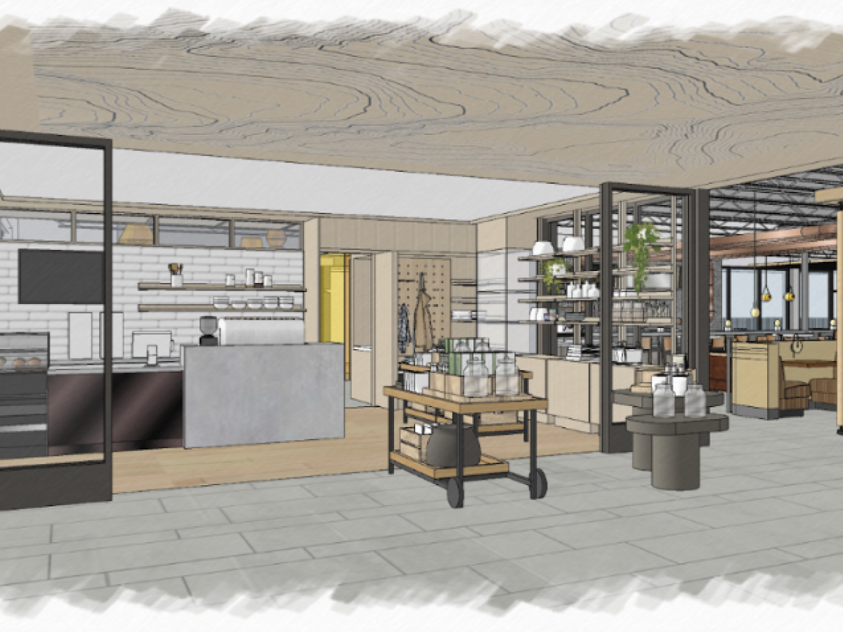 This image shows a modern, stylish interior design of a café or restaurant with wooden accents and an open plan layout ending the sentence.