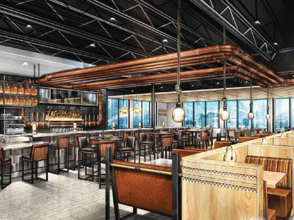 The image shows a modern restaurant interior with a bar area, counter seating, and booth seating, featuring industrial design elements and large windows.